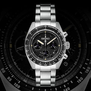 Seiko Prospex Speedtimer Solar Chronograph Black Dial Silver Steel Strap Watch for Men - SSC819