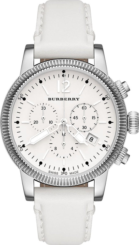 Burberry Utilitarian Chronograph White Dial White Leather Strap Watch for Women - BU7821