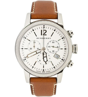 Burberry Utilitarian Chronograph White Dial Brown Leather Strap Watch for Men - BU7817
