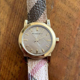  Shop Authentic Burberry The City Gold Dial Haymarket Brown Leather Strap Watch for Women - BU9219 - Luxxuri