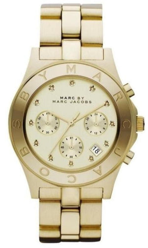  Shop Authentic Marc Jacobs Blade Chronograph Gold Dial Gold Steel Strap Watch for Women - MBM3101 - Luxxuri