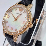  Shop Authentic Emporio Armani Cleo Three-Hand Mother of Pearl Dial Black Leather Strap Watch For Women - AR11485 - Luxxuri
