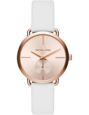  Shop Authentic Michael Kors Portia Rose Gold Dial White Leather Strap Watch For Women - MK2660 - Luxxuri