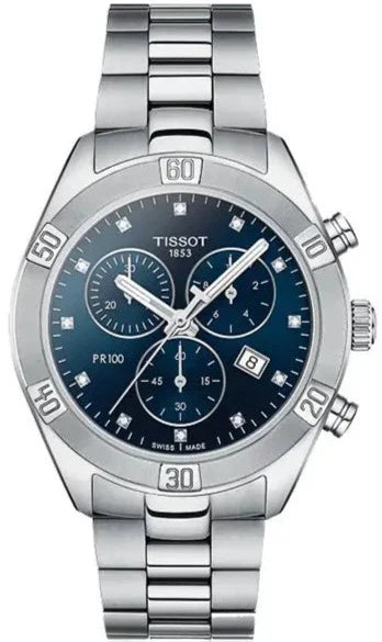  Shop Authentic Tissot PR 100 Sport Chic Chronograph Diamonds Blue Dial Silver Steel Strap Watch for Women - T101.917.11.046.00 - Luxxuri
