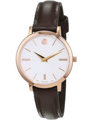  Shop Authentic Movado Ultra Slim White Dial Brown Leather Strap Watch For Women - 0607096 - Luxxuri