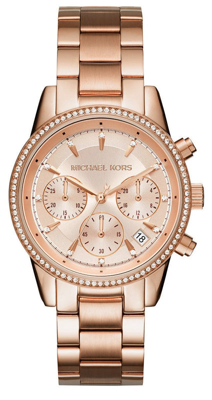  Shop Authentic Michael Kors Ritz Chronograph Rose Gold Dial Rose Gold Steel Strap Watch for Women - MK6357 - Luxxuri