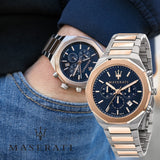  Shop Authentic Maserati Stile Chronograph Blue Dial Rose Gold Two Tone Strap Watch For Men - R8873642002 - Luxxuri