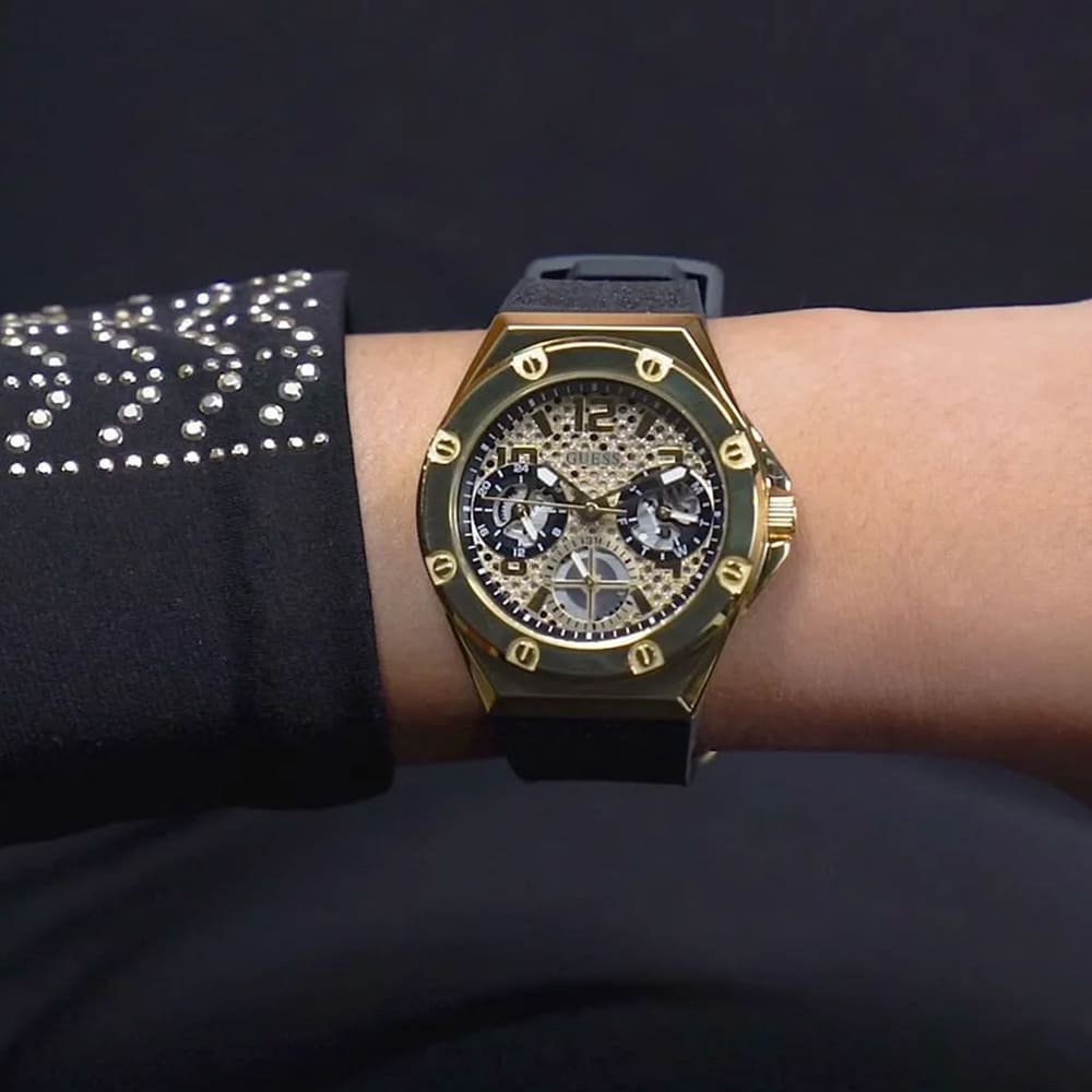  Shop Authentic Guess Asteria Multifunction Gold Dial Black Rubber Strap Watch For Women - GW0620L2 - Luxxuri