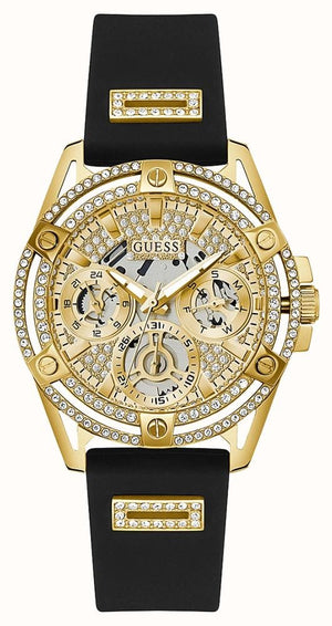  Shop Authentic Guess Queen Quartz Gold Dial Black Silicone Strap Watch For Women - GW0536L3 - Luxxuri