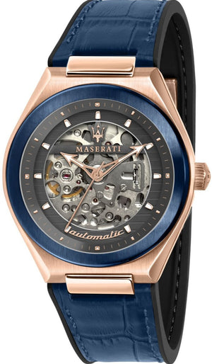 Shop Authentic Maserati Triconic Skeleton Black Dial Blue Leather Strap Watch For Men - R8821139001 - Luxxuri