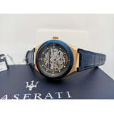  Shop Authentic Maserati Triconic Skeleton Black Dial Blue Leather Strap Watch For Men - R8821139001 - Luxxuri