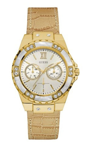  Shop Authentic Guess Limelight Quartz Silver Dial Golden Leather Strap Watch For Women - W0775L2 - Luxxuri