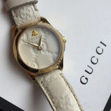  Shop Authentic Gucci G Timeless Quartz White Dial White Leather Strap Watch For Women - YA126580A - Luxxuri