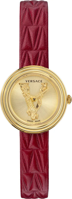  Shop Authentic Versace Virtus Mini Quartz Gold Dial Red Leather Strap Watch For Women - VET300521 - Luxxuri