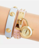  Shop Authentic Versace Medusa Lock Icon Quartz Gold Dial Pink & Blue Leather Strap Watch For Women - VEDW00219 - Luxxuri