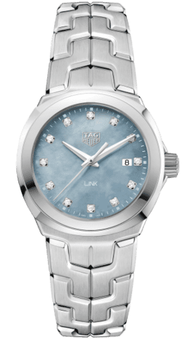  Shop Authentic Tag Heuer Link Quartz Diamonds Blue Mother of Pearl Dial Silver Steel Strap Watch for Women - WBC1313.BA0600 - Luxxuri