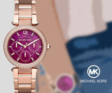  Shop Authentic Michael Kors Mini Parker Multi-Function Plum Mother of Pearl Dial Rose Gold Steel Strap Watch For Women - MK6403 - Luxxuri