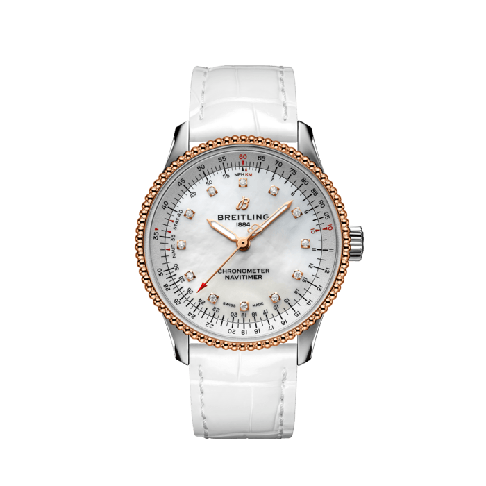  Shop Authentic Breitling Navitimer Automatic 35 Mother of Pearl Dial White Leather Strap Watch for Women - U17395211A1P3 - Luxxuri