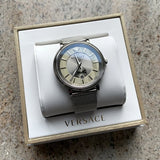  Shop Authentic Versace V-Circle Silver Dial Silver Mesh Bracelet Watch for Men - VBQ060017 - Luxxuri