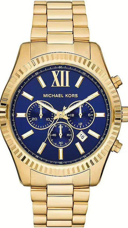  Shop Authentic Michael Kors Lexington Chronograph Blue Dial Gold Steel Strap Watch for Men - MK9153 - Luxxuri