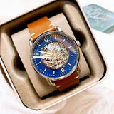  Shop Authentic Fossil Commuter Automatic Skeleton Blue Dial Brown Leather Strap Watch for Men - ME3159 - Luxxuri