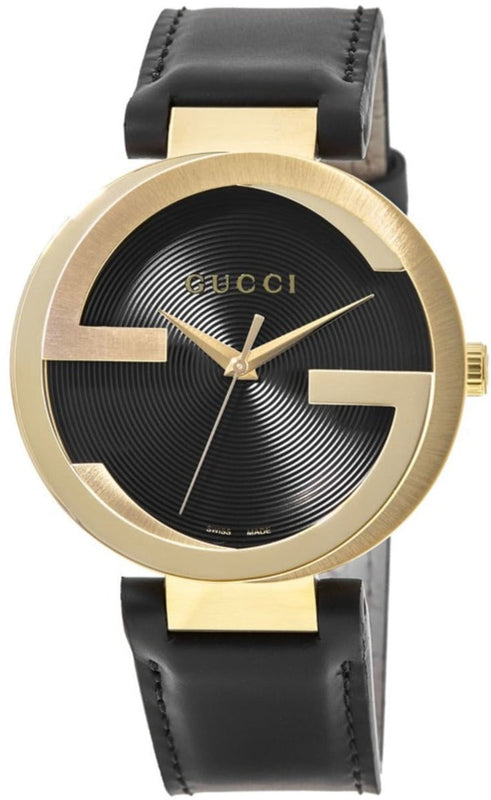  Shop Authentic Gucci Interlocking G Gold Black Dial Black Leather Strap Unisex Watch - YA133326 - Luxxuri